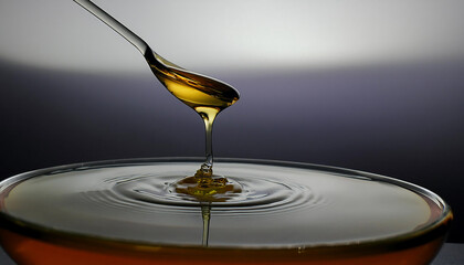 A mesmerizing golden droplet of honey dangles from a glass pipette, preparing to fall into a gentle pool below. Set in February, this still life captures the essence of spring’s warmth