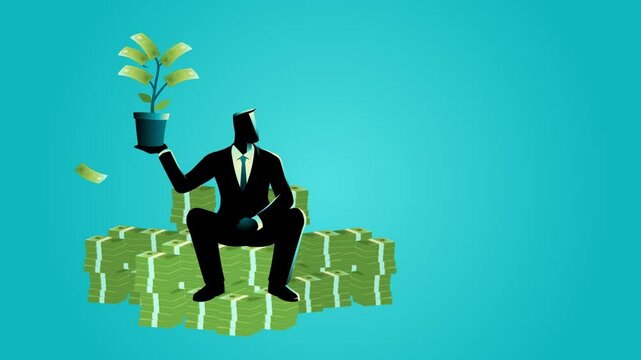 Businessman sitting atop stacks of money, holding a thriving money plant. Symbolizing wealth, capitalism, financial success, economic power, conglomerate dominance, and compound interest
