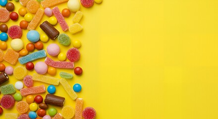 Obraz premium Candy against a yellow background with copyspace . Flat lay or top view.