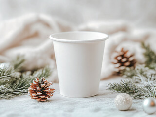 Festive White Paper Cup with Frosted Pine Branches and Red Christmas Ornaments on Warm Orange Background for Holiday Drinks