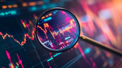 Magnifying glass over an abstract stock market graph, focusing on a digital screen showing real-time global financial symbols