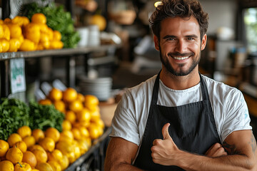 Fototapeta premium Smiling man wearing apron shows thumbs up gesture against background of fruit and vegetable market. Organic products. Service and communication.