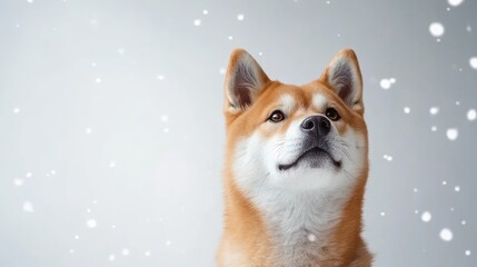 Obraz premium Playful Shiba Inu Dog Looking Upward in Soft Winter Snowfall Against a Light Gray Background Perfect for Pet Lovers and Seasonal Themes