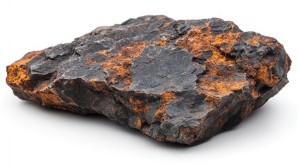 Rough dark gray rock with rusty orange patches isolated on white.