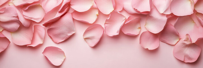 Obraz premium Pink Rose Petals Wallpaper - Delicate pink rose petals scattered on a soft pink background. Symbolizing love, beauty, romance, purity, and serenity.