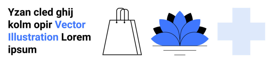 Shopping bag icon, blue lotus flower, and a medical cross. Ideal for e-commerce, nature, wellness, healthcare, spa retail relaxation websites. Landing page