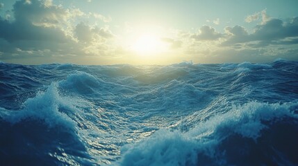 Fototapeta premium Rough ocean waves under a sunset sky.
