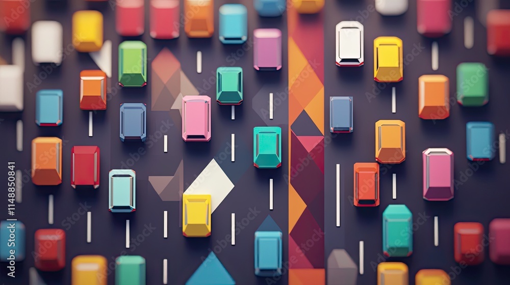 Poster colorful top-down view of traffic on a busy abstract road with multiple vehicles in various colors a