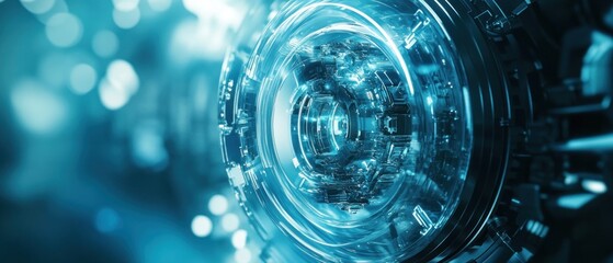 Obraz premium Abstract Futuristic Technology: A mesmerizing glimpse into a complex, crystalline technological marvel, showcasing intricate details and a vibrant blue hue.
