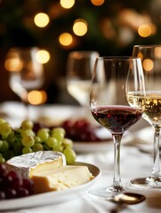 Naklejka premium Elegant table setting with wine glasses, cheese platter, and grapes for a festive gathering. Generative AI