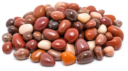 Diverse Collection of Polished Stones in Various Shades of Brown, Red, and Cream on a Plain White Background for Artistic and Natural Decor