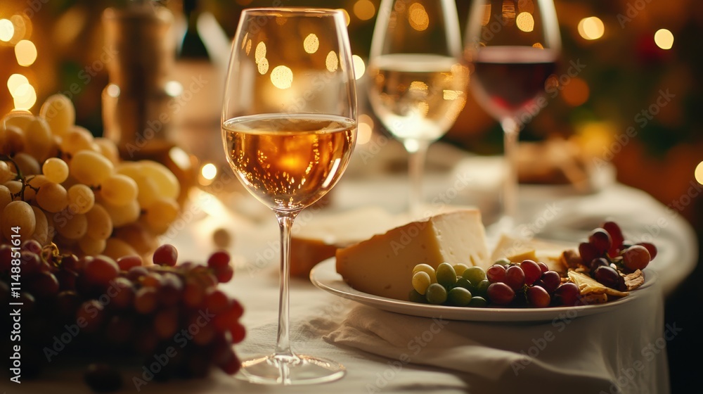 Poster Elegant table setting featuring wine glasses and a delightful cheese platter with fresh grapes for an evening gathering. Generative AI