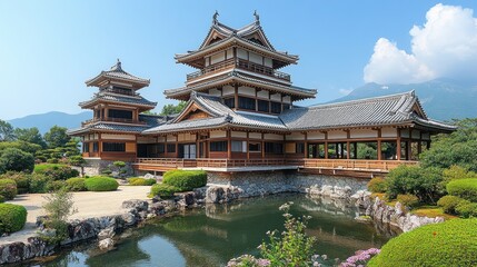 Naklejka premium Majestic Japanese castle with a pond and garden.