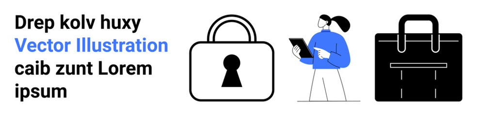 Business professional holding a tablet, standing beside a large lock and briefcase. Ideal for cybersecurity, business consulting, data protection, corporate strategy, technology solutions