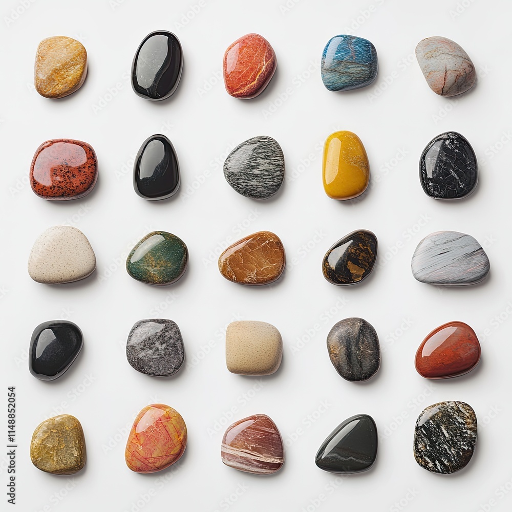 Poster An Array of Polished Decorative Stones Displayed on a White Surface Showcasing Various Colors, Textures, and Patterns for Artistic and Design Use
