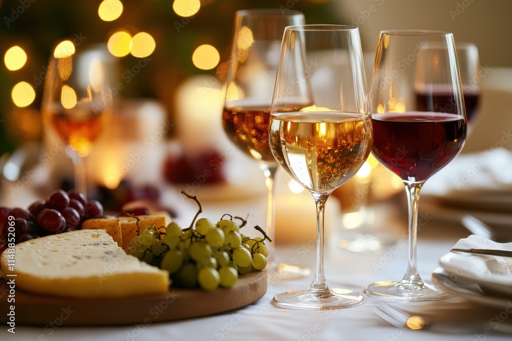 Aufkleber Elegant table setting with wine glasses and cheese platter surrounded by grapes for a festive gathering. Generative AI