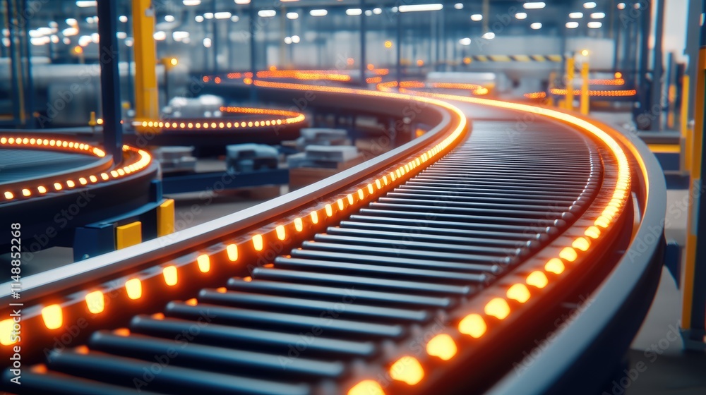 Poster modern automated conveyor system in bright warehouse environment with illuminated tracks and industr