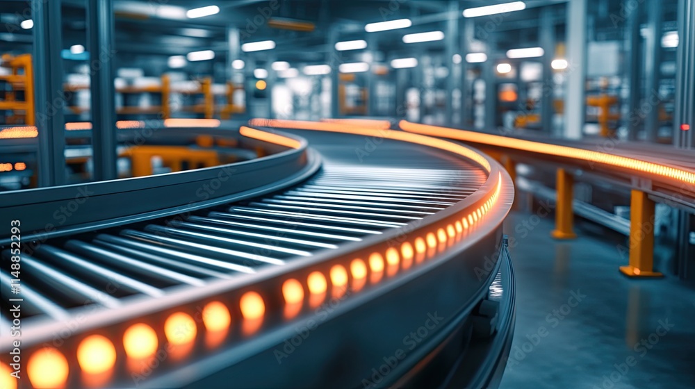 Poster modern conveyor belt system in large warehouse with illuminated pathways, transporting goods efficie