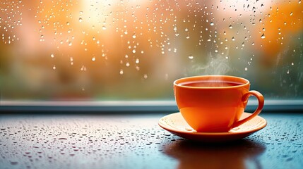 Fototapeta premium Warm Orange Cup of Coffee on Rainy Window Sill with Droplets and Soft Background Light Creating a Cozy and Inviting Atmosphere