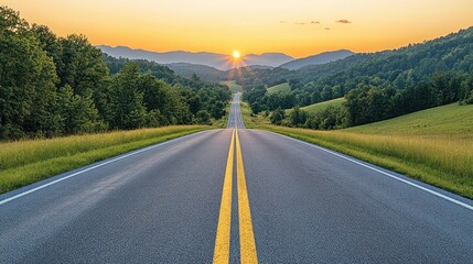 Scenic sunset road through mountains.