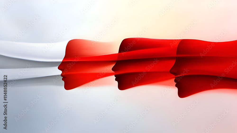 Poster An abstract illustration featuring overlapping profiles with flowing red and white shapes, symbolizing unity and diversity.