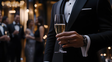 A man in a tuxedo holds a champagne flute at a sophisticated event.  The background is blurred, showing other elegantly dressed guests.