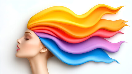 A vibrant, artistic depiction of a woman's profile with flowing, colorful hair in shades of orange, pink, and purple.