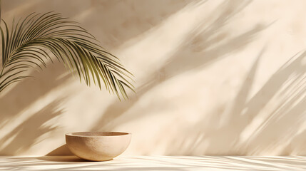 Elegant beige plaster wall with subtle palm frond shadow sets a serene backdrop for showcasing luxurious summer-inspired products in a bohemian-chic interior setting. Frond. Illustration
