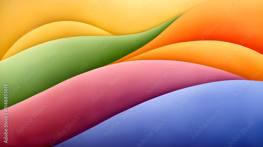 Poster a vibrant abstract wave pattern featuring flowing curves in a spectrum of colors including yellow, g