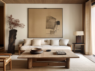 Neutral japandi and wabi sabi style living room with grey stucco walls, light couch and rustic wood coffee table and large artwork on the wall