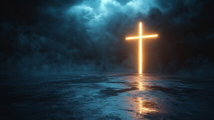 cross-shaped door in a dark room, glowing light shining through. The minimalistic tone and blurred background evoke a sense of hope, faith, and the search for clarity amidst chaos