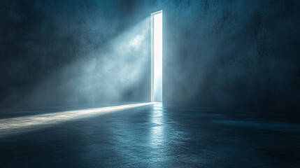 cross-shaped door in a dark room, glowing light shining through. The minimalistic tone and blurred background evoke a sense of hope, faith, and the search for clarity amidst chaos