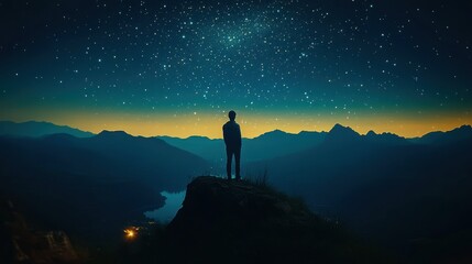 Silhouette of a person stargazing on a mountaintop.