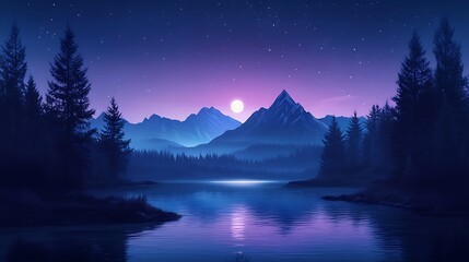 Serene night landscape; lake reflecting moonlit mountains and starry sky.