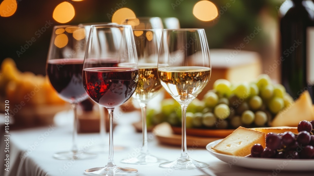 Poster Elegant table setting featuring wine glasses and a cheese platter surrounded by grapes and soft lights during a gathering. Generative AI