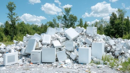Large pile of discarded white appliances outdoors near green trees under a blue sky.