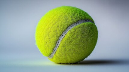 Single fluorescent yellow tennis ball on gray backdrop.