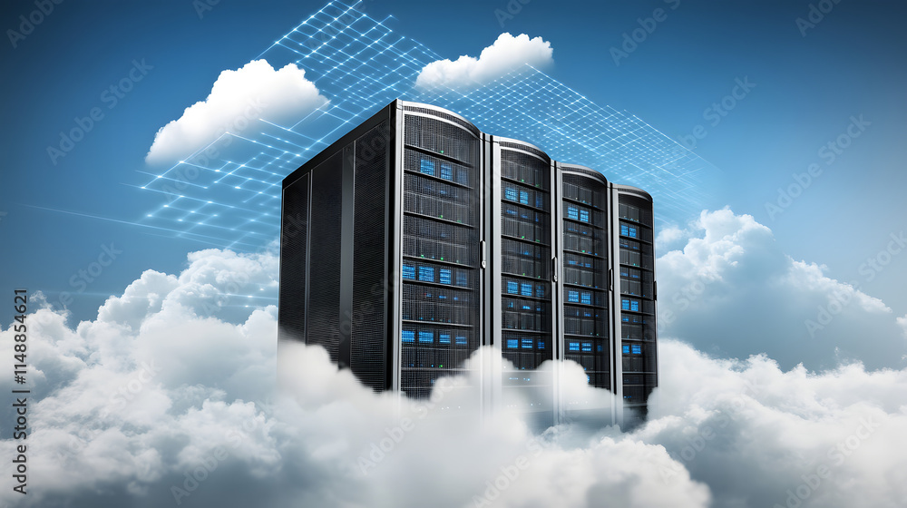 Poster a modern data center server rack sits amongst fluffy white clouds against a bright blue sky. abstrac