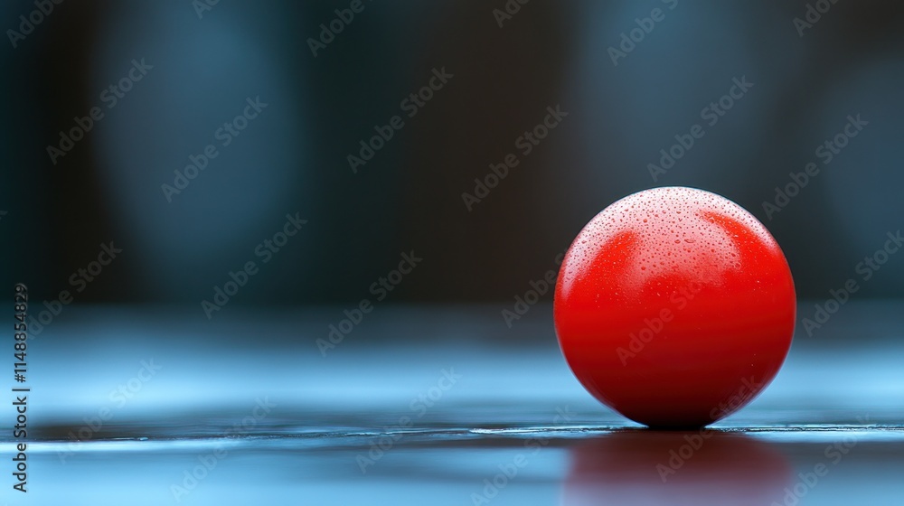 Poster single red sphere on reflective surface with bokeh.