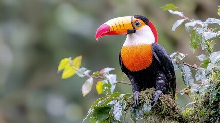 Fototapeta premium A vibrant toco toucan with a colorful orange bill sits perched on a mossy branch in a lush tropical forest.