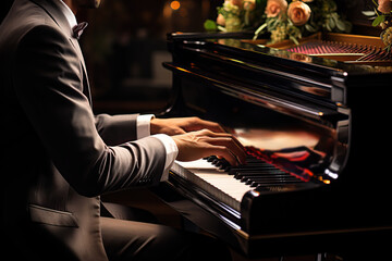 A man in a suit sits at a grand piano, his fingers gracefully playing the keys. The soft lighting enhances the elegance of the moment and the rich tones of the instrument.