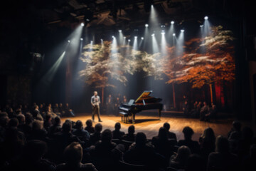 A captivating performance unfolds. A solo pianist takes center stage, illuminated by spotlights, against a scenic autumnal backdrop. The audience is enthralled.