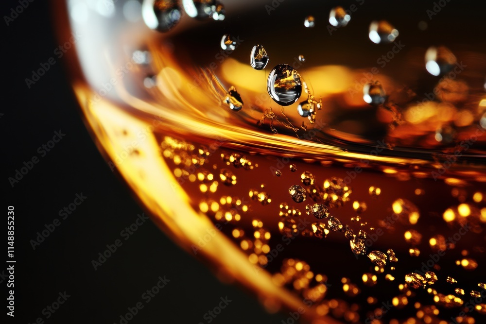 Poster Bubbles rising in a glass of golden drink showcasing refreshment and effervescence in a dimly lit setting. Generative AI
