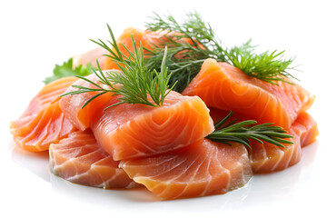 Smoked salmon slices with dill on white background