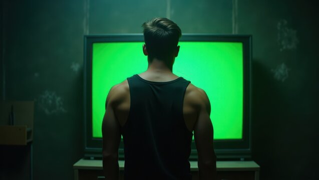 Person with a green screen monitor