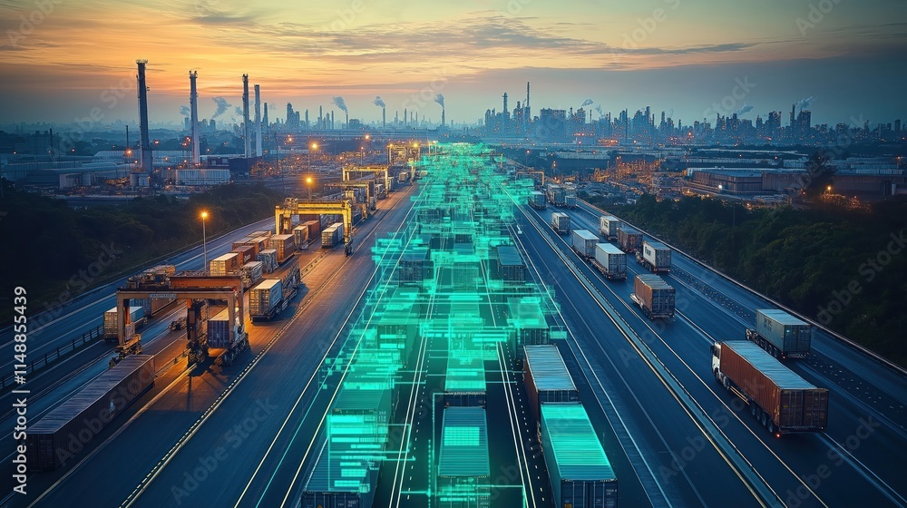 Poster eco smart logistic hub uses green tech. modern transportation network moves containers. efficient op