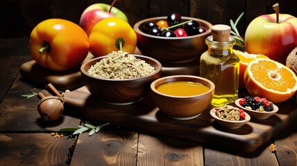 Wholesome healthy foods on rustic wooden table