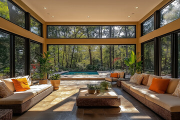 Jardin d’Hiver Contemporain avec Grandes Fenêtres en Verre, Sièges Confortables, Plantes Luxuriantes et Lumière Naturelle Douce, Ambiance Lumineuse et Relaxante