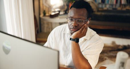 Home, black man and bored with computer for education, elearning and online class for university. Tired, male person and student with deadline for college assessment, tutorial and research at night