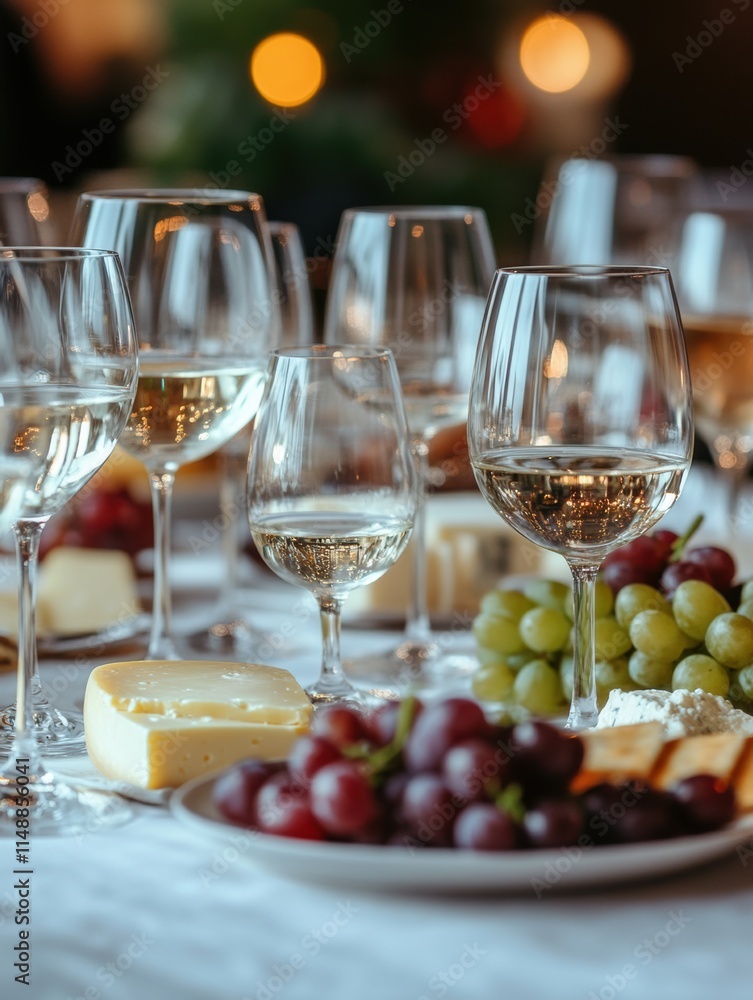 Poster elegant dining setup featuring assorted wine glasses and a gourmet cheese platter with fresh grapes.